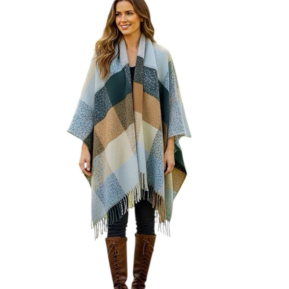 Moss Rose One Sz Blanket Shawl Fall Autumn Fringe Poncho Kimono Ruana Open front